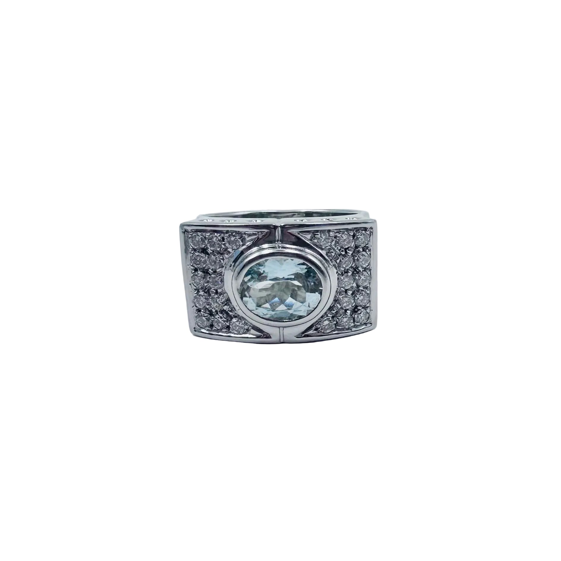 Tank Ring in white gold, Aquamarine and Diamonds