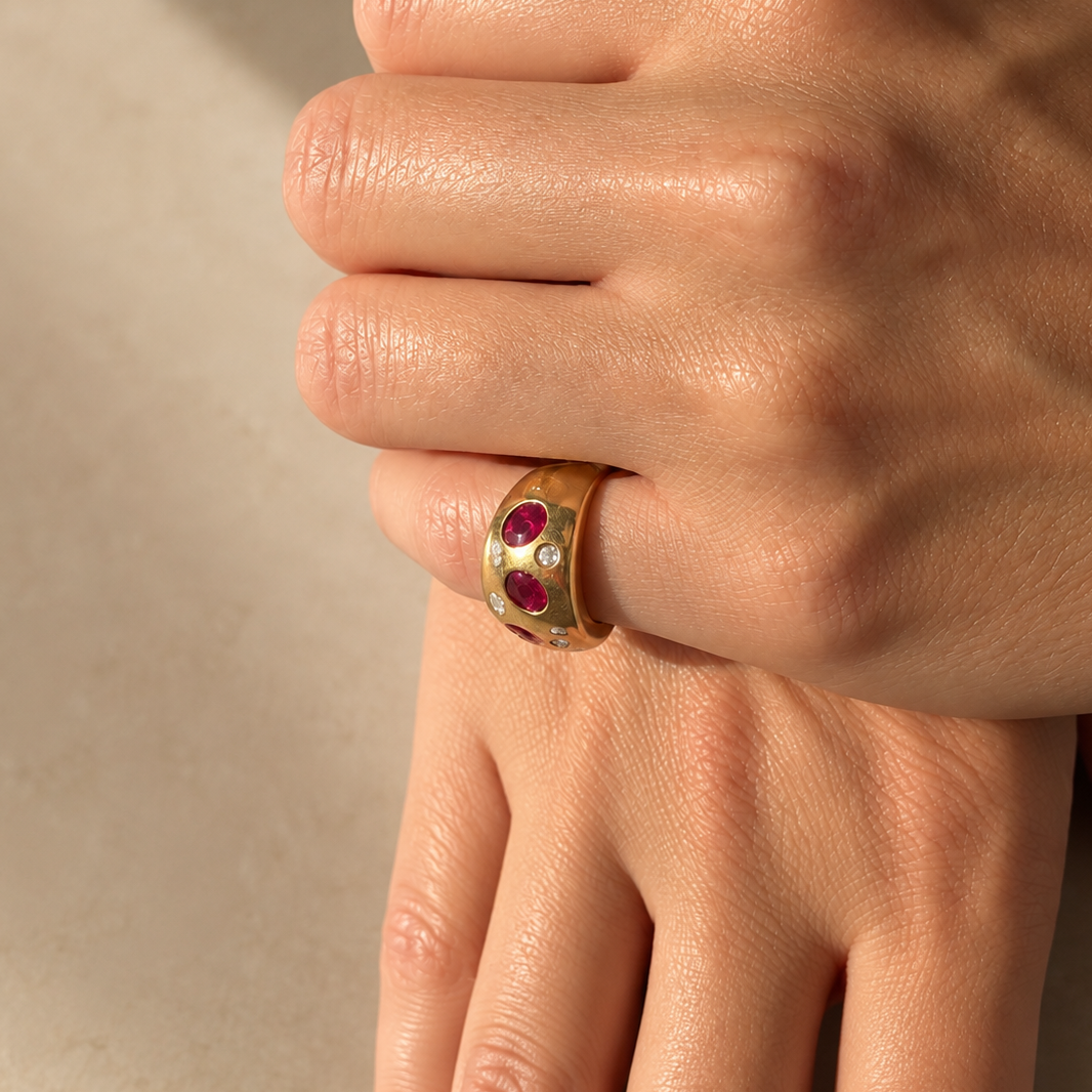 Band Ring in Yellow Gold, Rubies, and Diamonds
