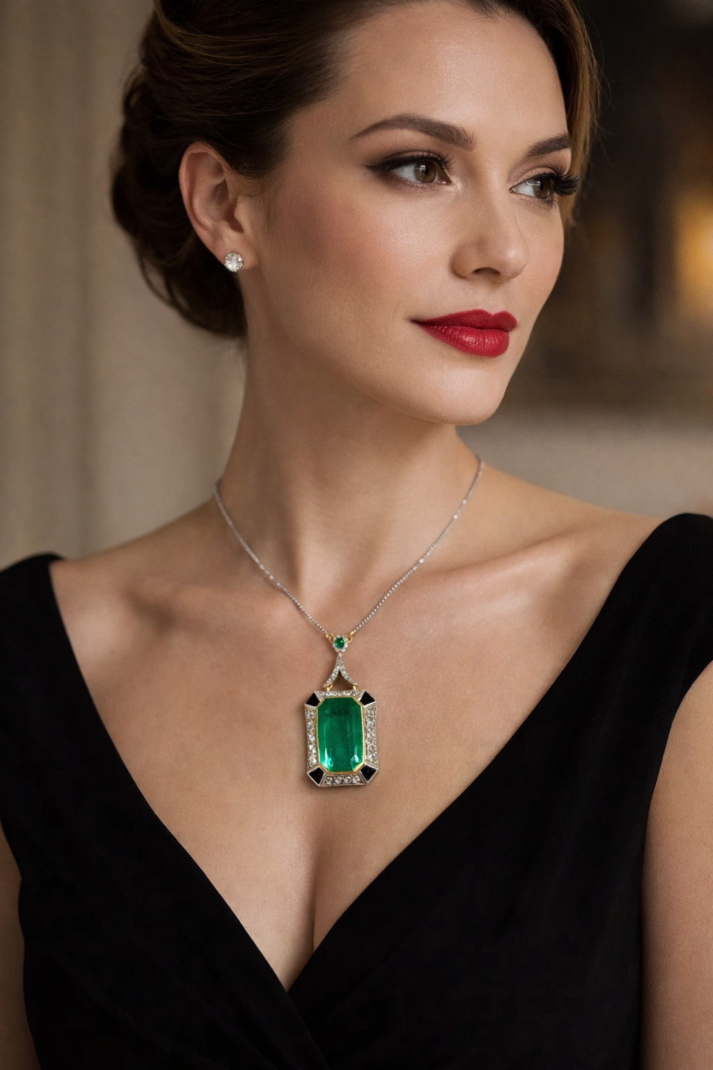 Necklace with a pendant in white gold, yellow gold, platinum, emerald, and diamonds