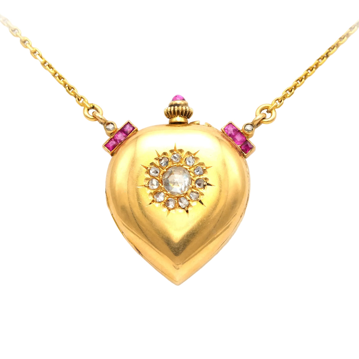 Yellow Gold Necklace with Watch, Ruby, and Diamonds