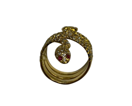 18K Gold Snake Ring with Diamonds (Size 55)