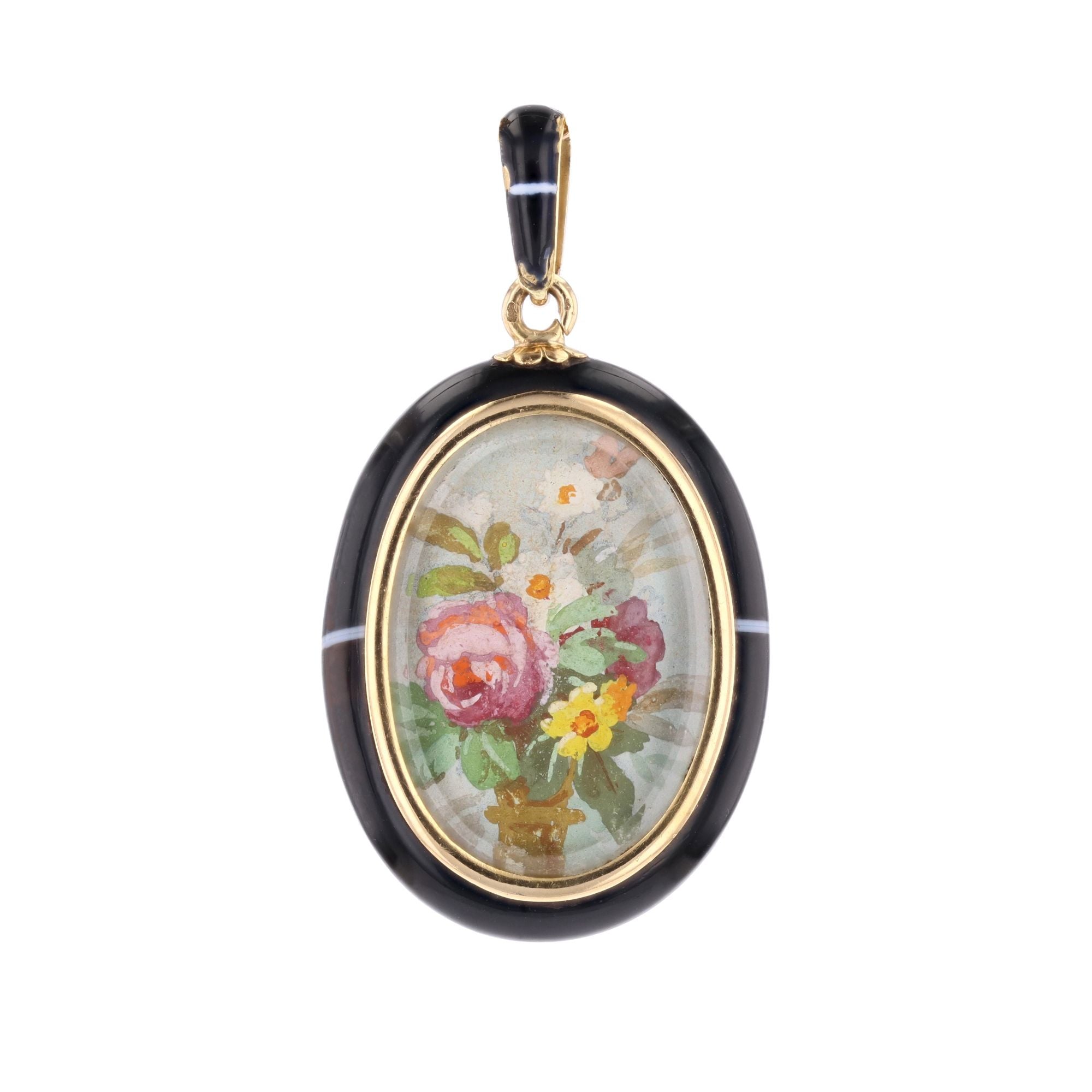 Pendentif en or jaune, émail et agate