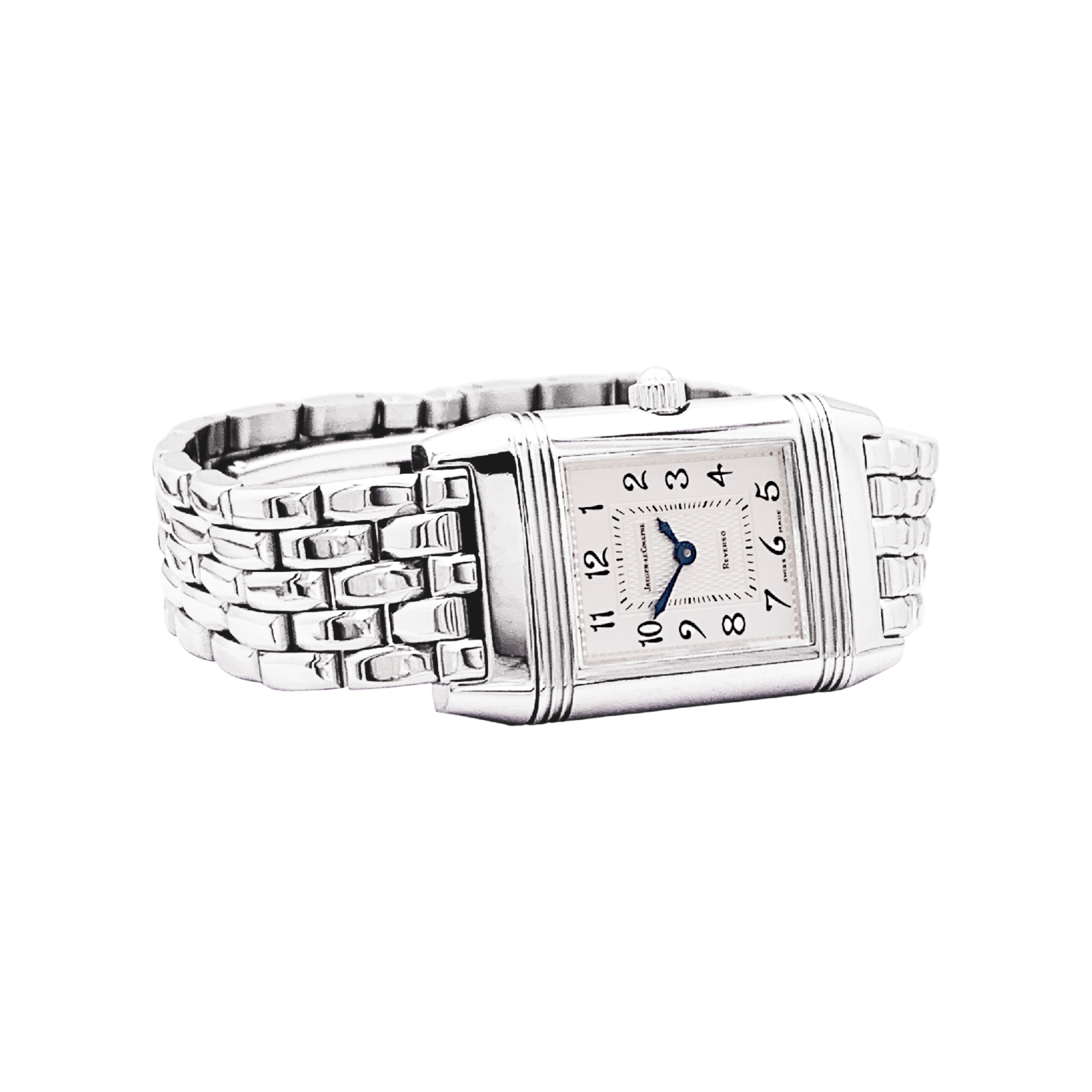 Montre Jaeger Lecoultre, "Reverso", acier et diamants.
