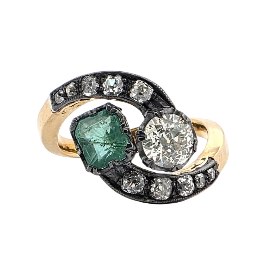 "Toi & Moi" Ring in yellow gold, silver, Emerald, and Diamonds