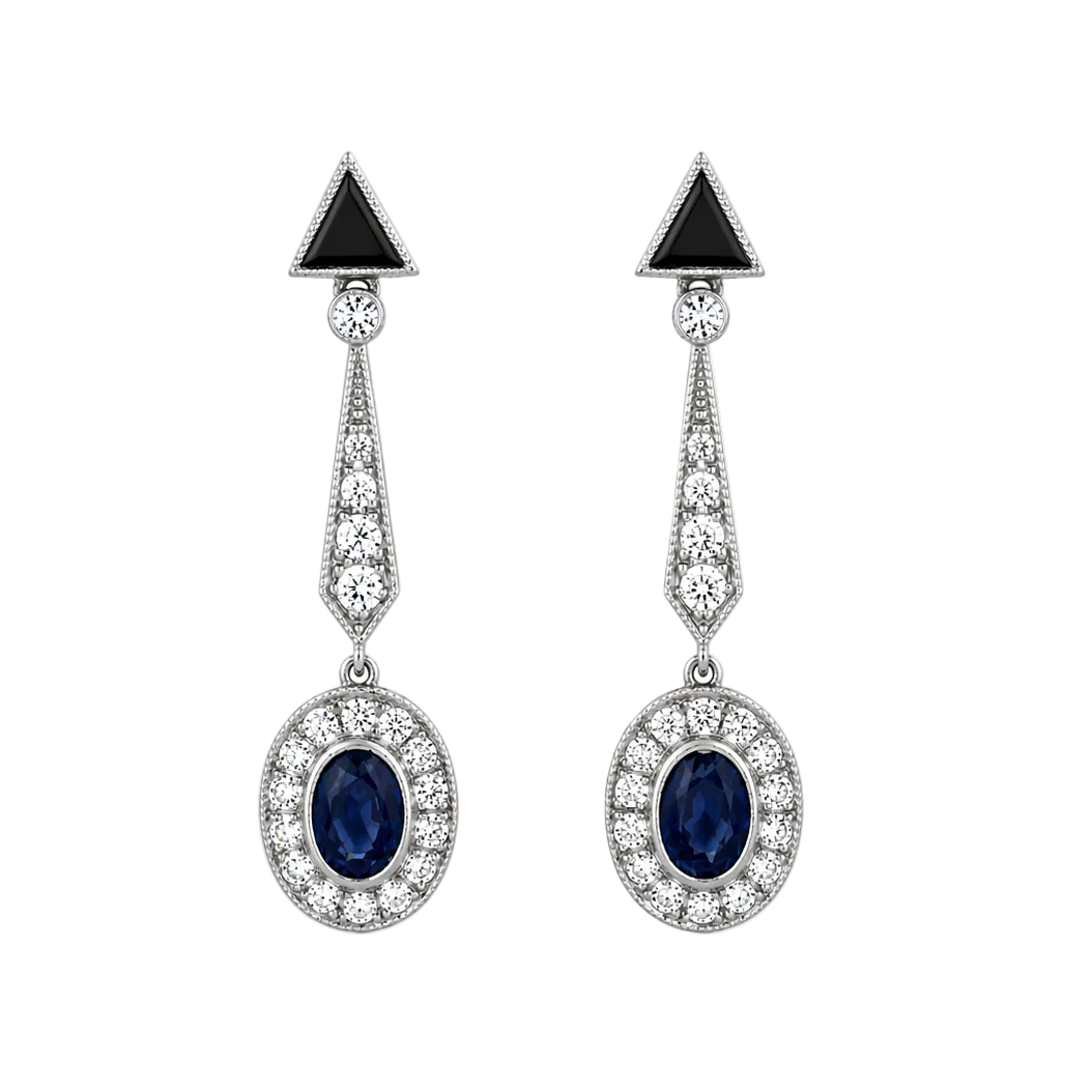 Boucles d'oreilles Pendantes en platine, onyx, saphirs et diamants