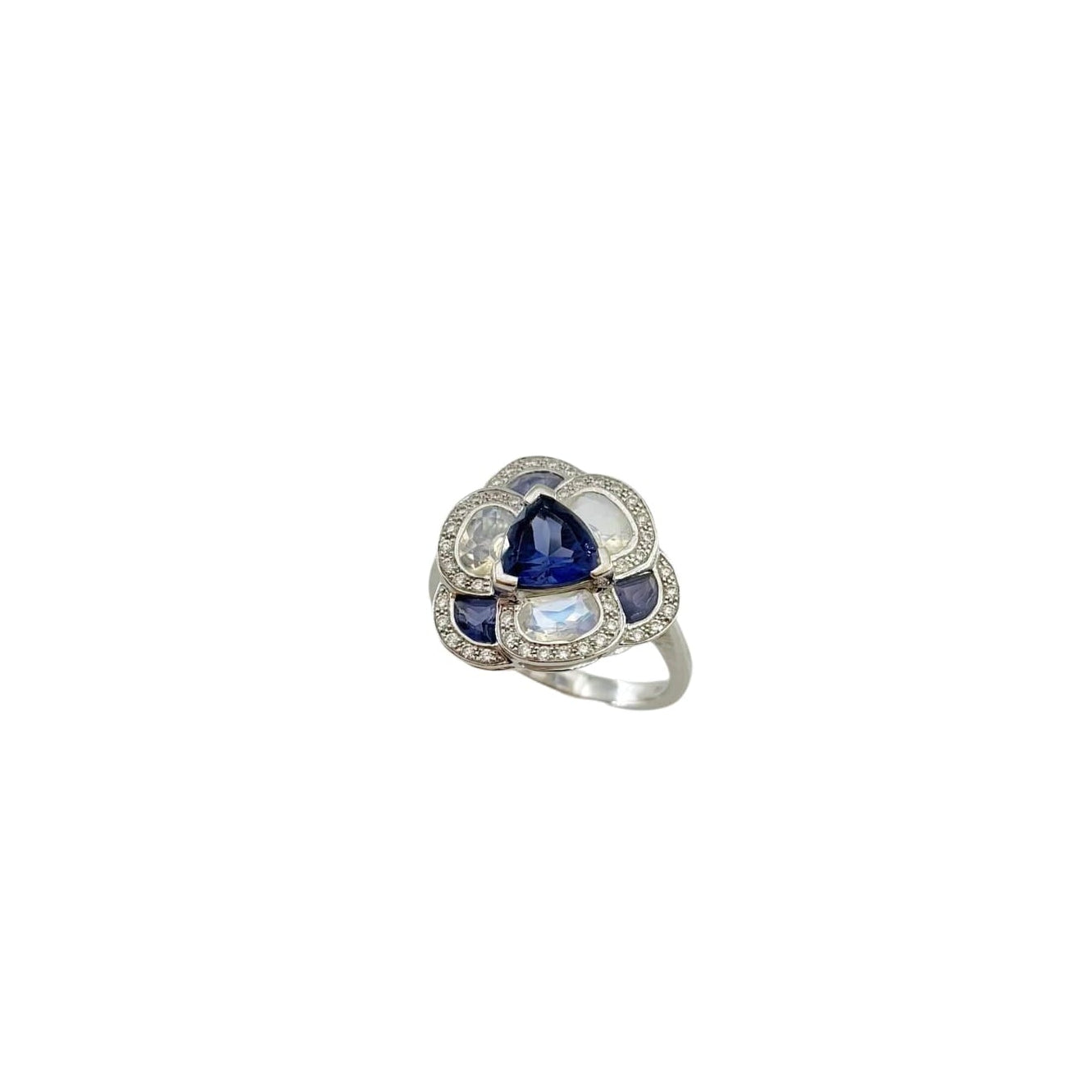 ISABELLE LANGLOIS "Flora Pensée" Entourage Ring in white gold, moonstones, iolites, and diamonds