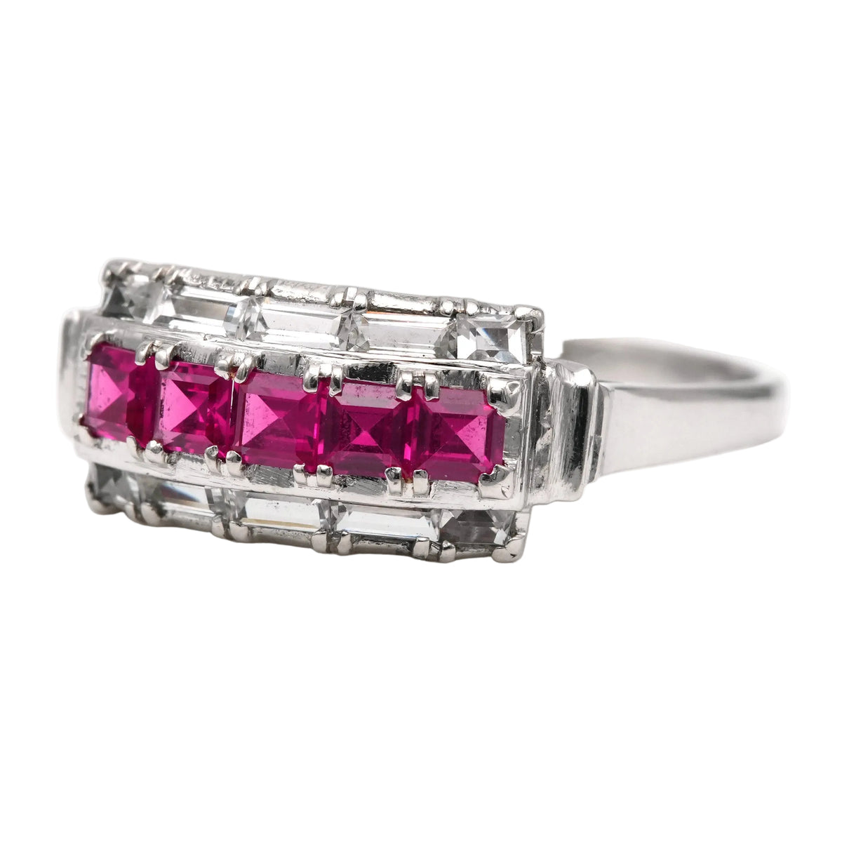 Tank Ring in white gold, rubies, and zirconia