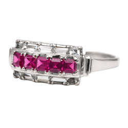 Tank Ring in white gold, rubies, and zirconia