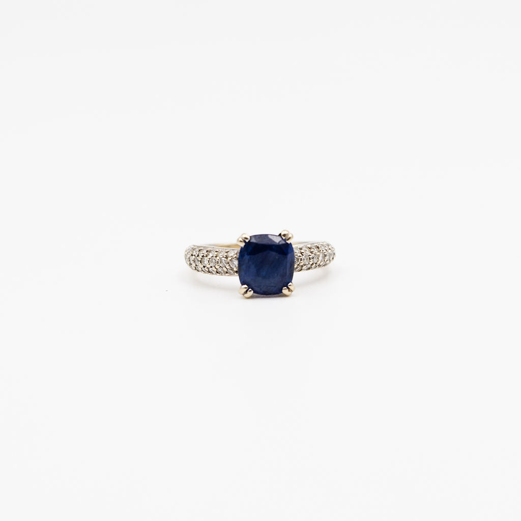 Ring in white gold, sapphire and diamonds.