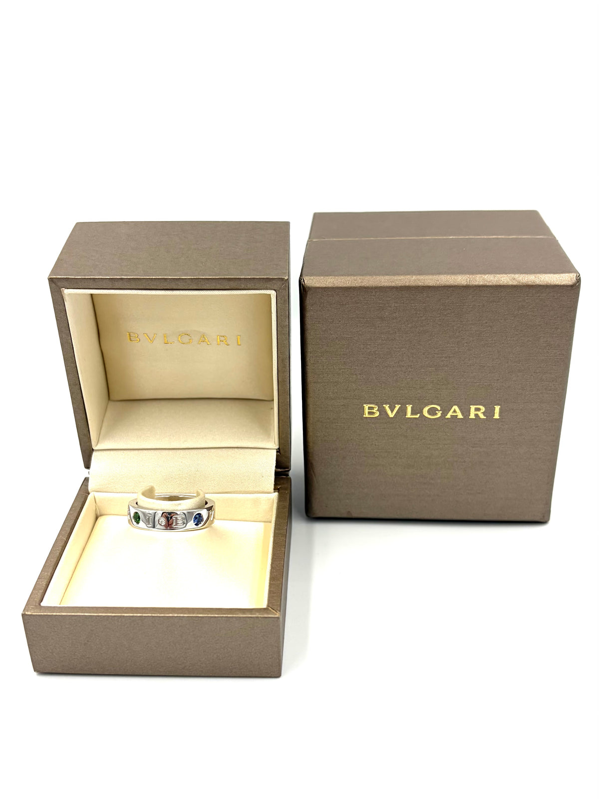 BULGARI "Roman Sorbet" Wedding Band in white gold, garnets, sapphires, and diamonds