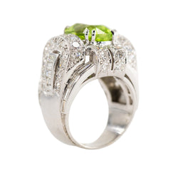 Art Deco Tank Ring in platinum, Peridot, and Diamonds