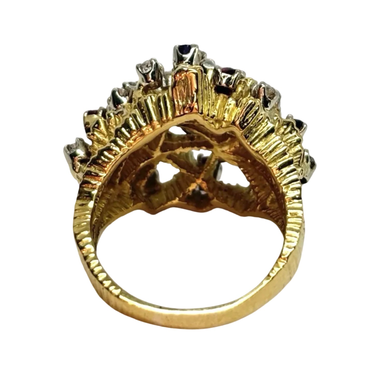 Antique yellow gold ring with rubies, sapphires, and diamonds