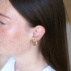 Sapphire, Ruby, and Diamond Clip-On Earrings in Yellow Gold, 1990