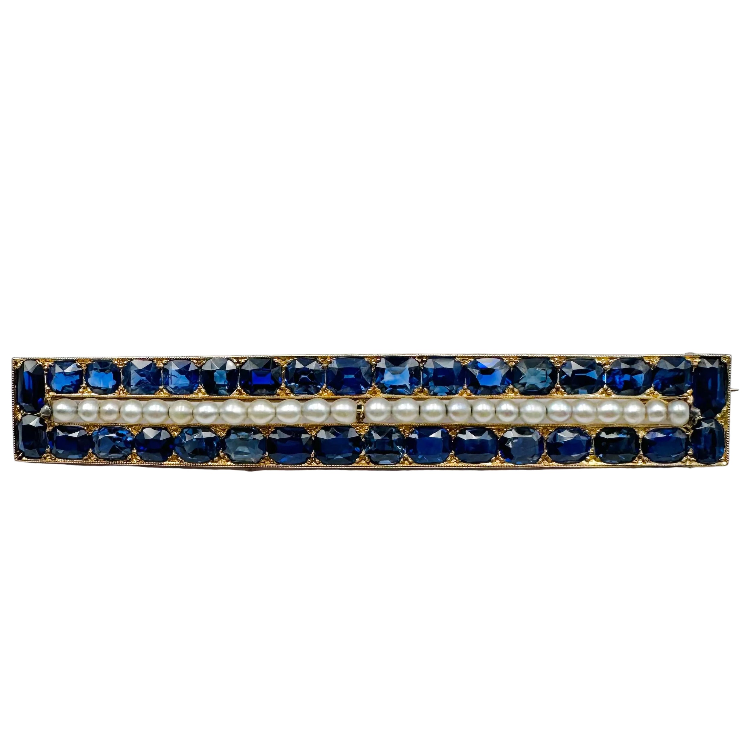 Yellow Gold Brooch with Pearls and Sapphires
