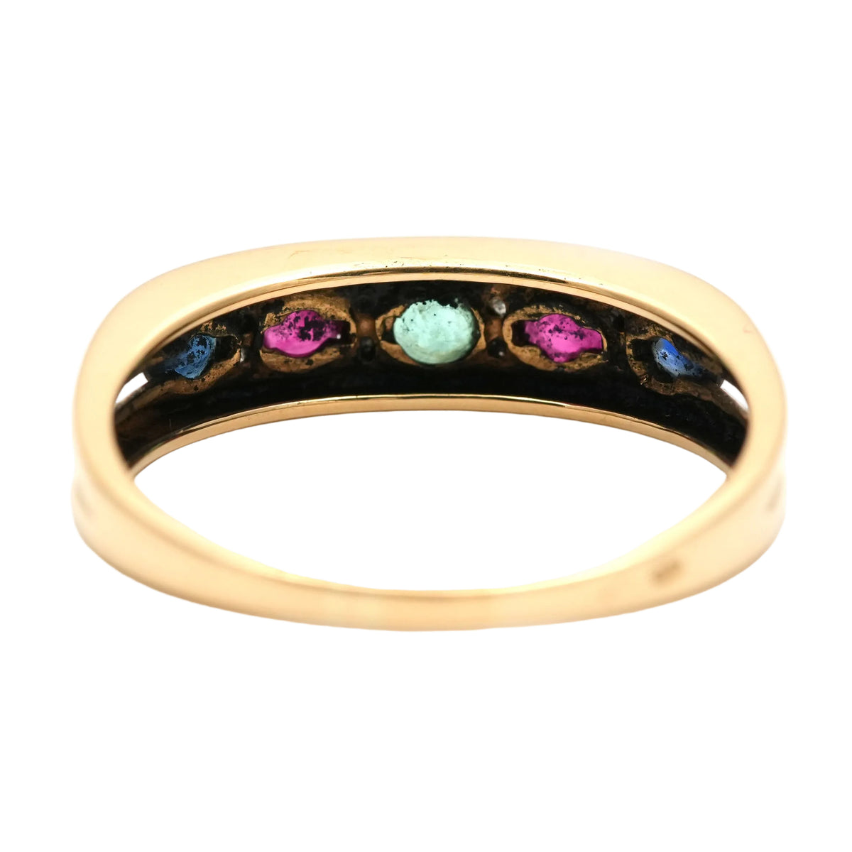 Yellow gold ring with emeralds, rubies, sapphires, and diamonds