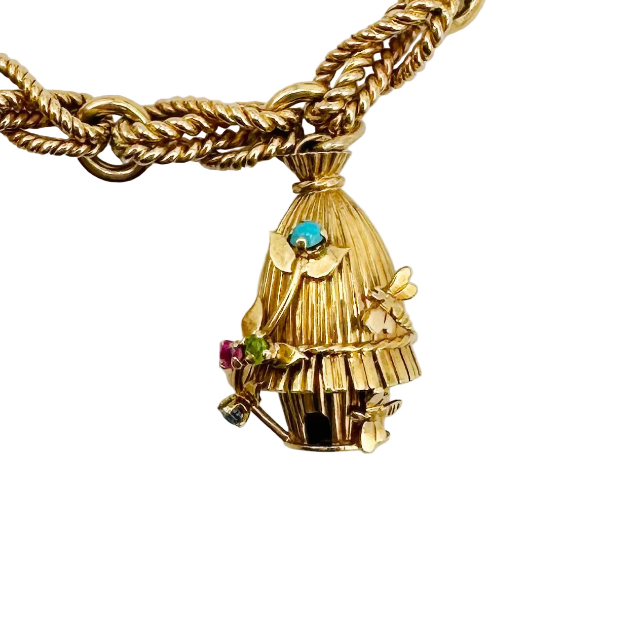 Link Bracelet Yellow gold charms, pearls, amethysts, amazonite, garnet, turquoise, ruby and sapphire