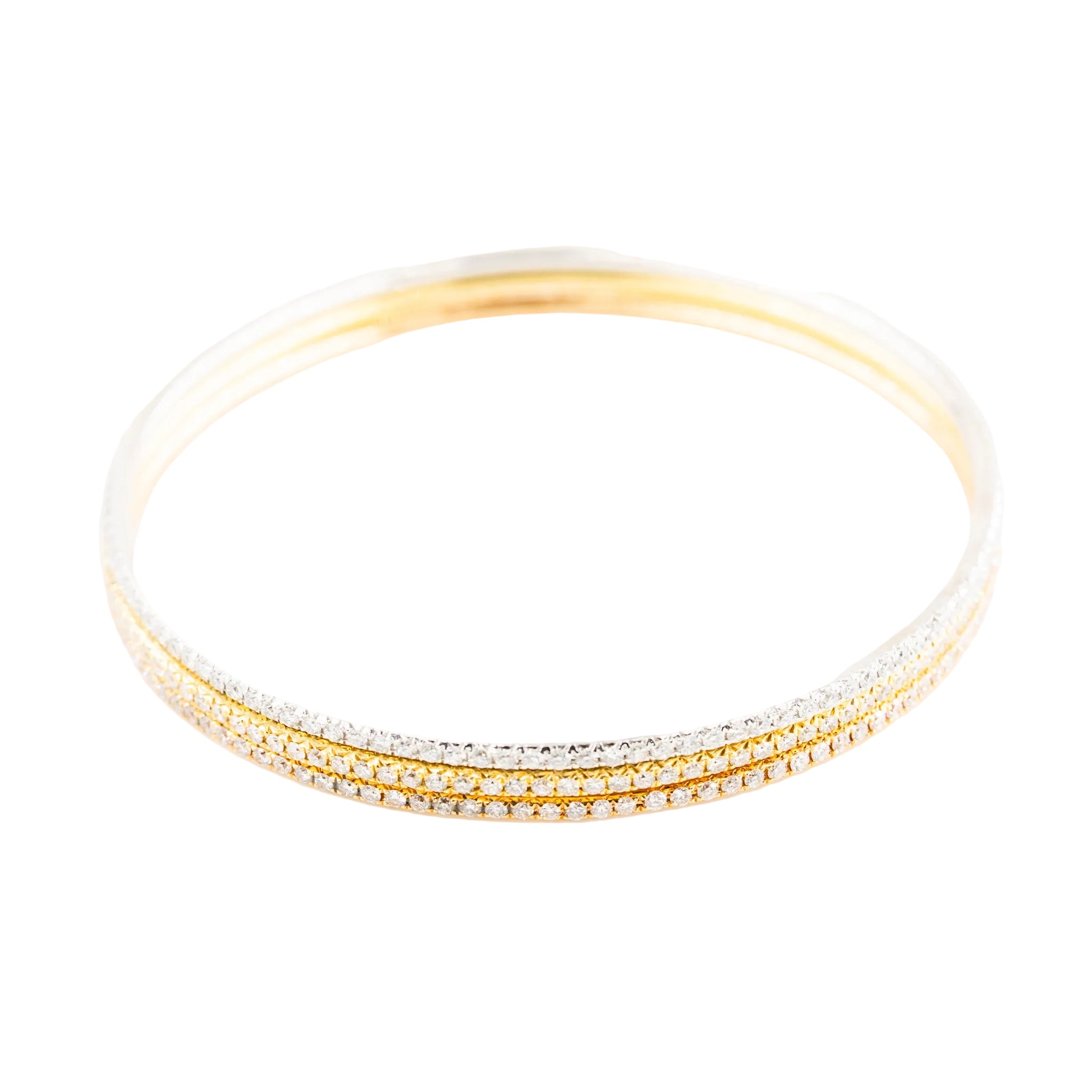 Three bangle bracelets in white gold, yellow gold, rose gold, and diamonds
