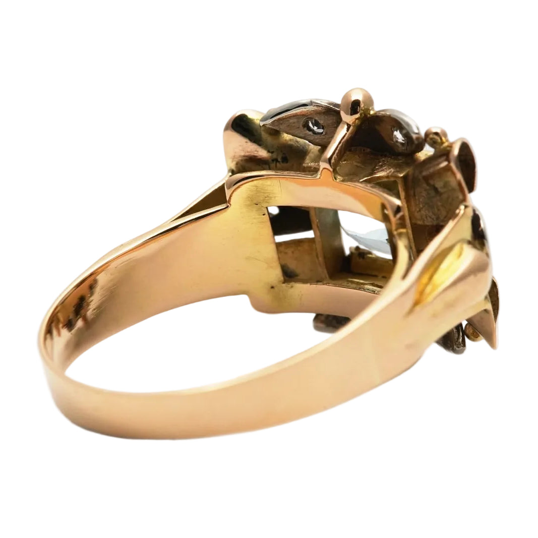 Tank Ring in yellow gold, aquamarine, and diamonds