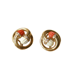 Clip Earrings in Yellow gold, Coral, and Diamonds