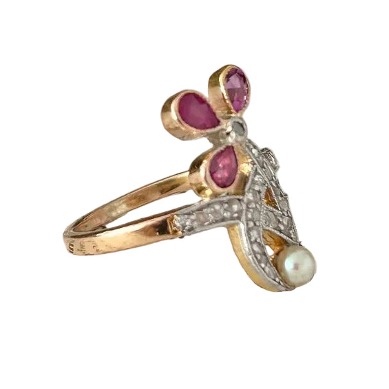 Rose gold, Platinum, Ruby, Pearl and Diamond Ring