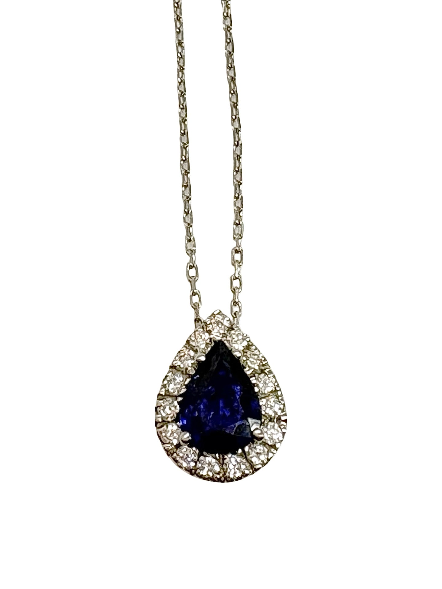 White gold, sapphire, and diamond necklace