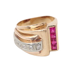 Tank Ring in yellow gold, Platinum, Rubies, and Diamonds
