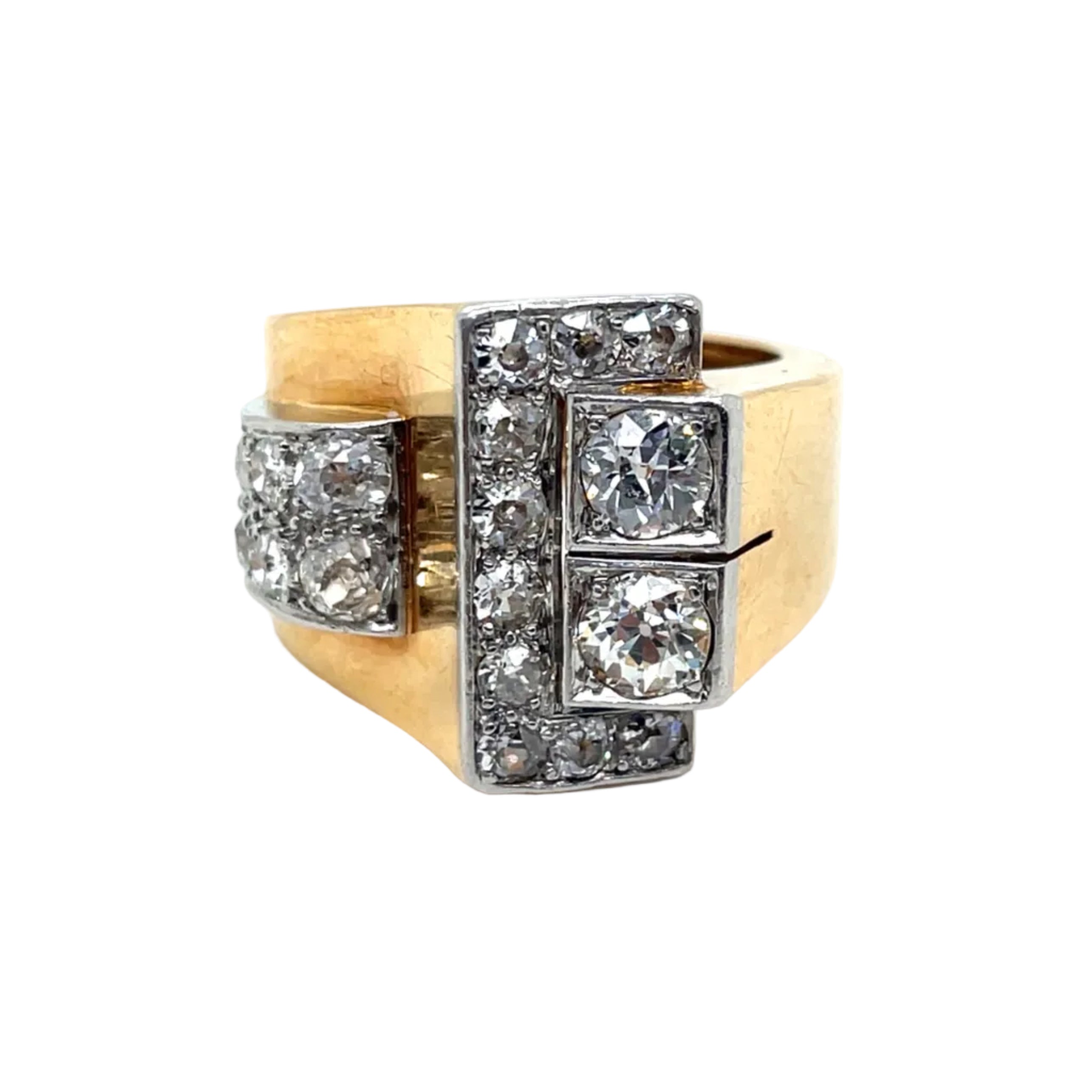 Bague Tank en or jaune, platine et diamants