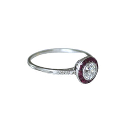 Art Deco Target Ring with Calibrated Diamonds and Rubies Set in White Gold and Platinum