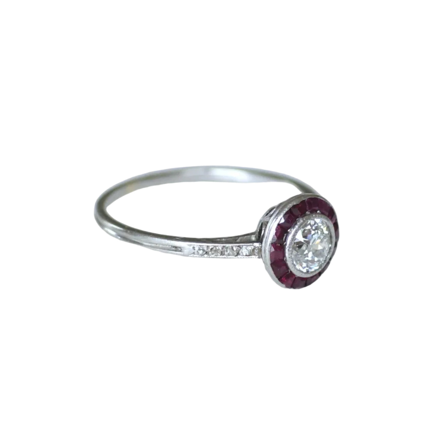 Art Deco Target Ring with Calibrated Diamonds and Rubies Set in White Gold and Platinum