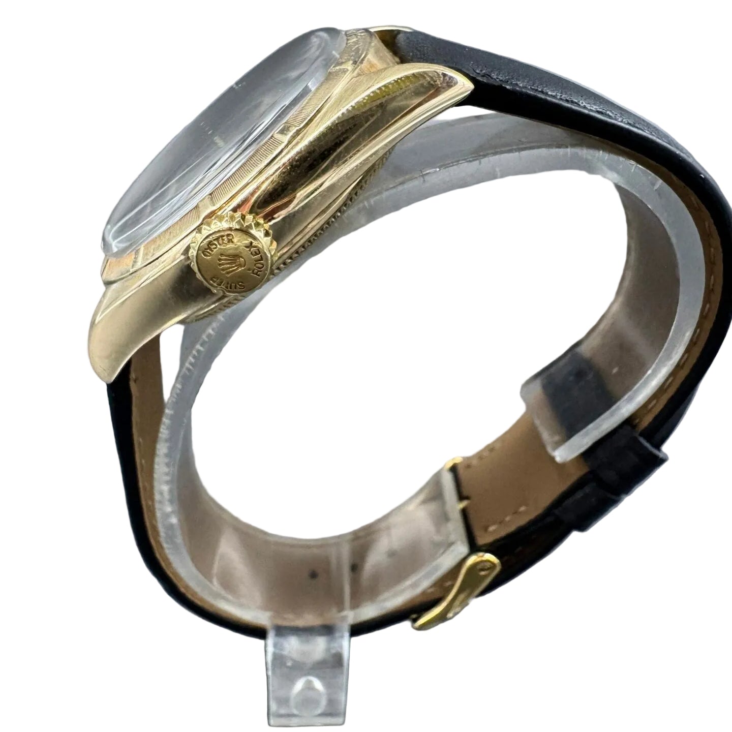 ROLEX "Oyster Perpetual 34" watch in yellow gold and leather