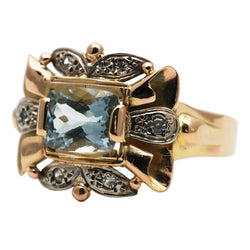 Tank Ring in yellow gold, aquamarine, and diamonds