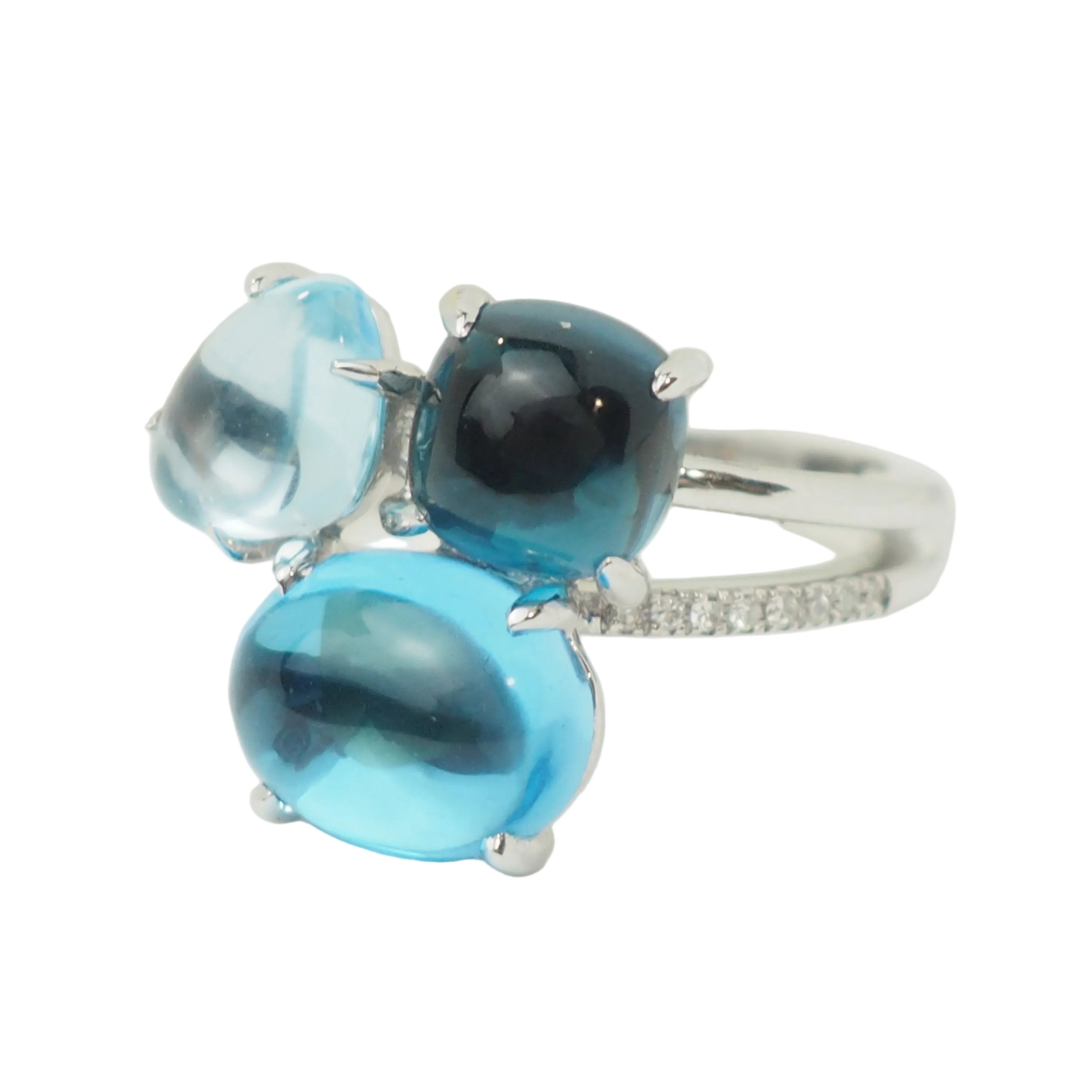 Bague Trilogie en or blanc, aigue-marine, topazes et diamants
