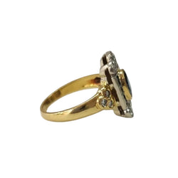 Ring in white gold, yellow gold, sapphires, and diamonds