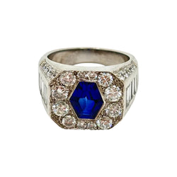 Tank Ring in White Gold, Sapphire, and Diamonds