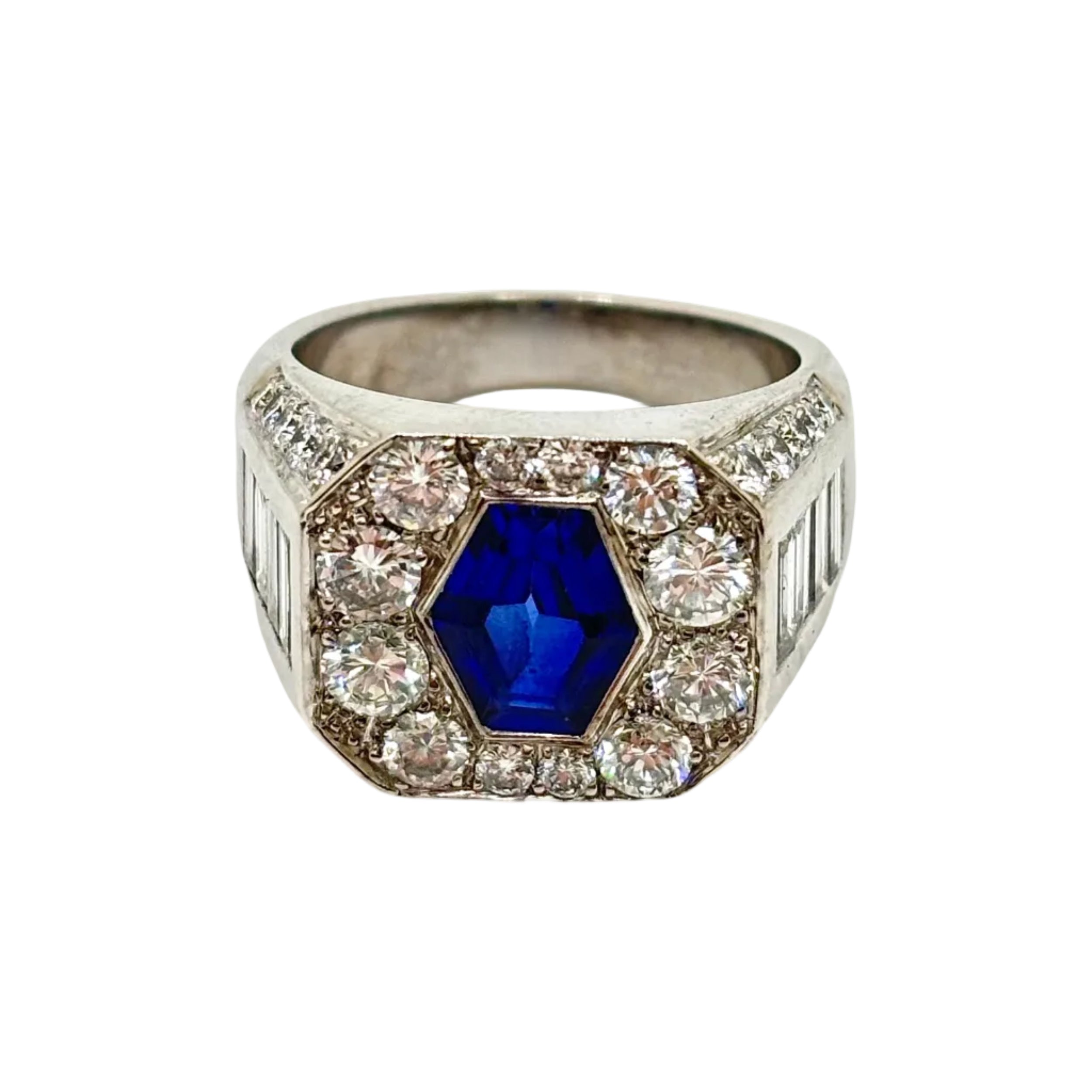 Tank Ring in White Gold, Sapphire, and Diamonds