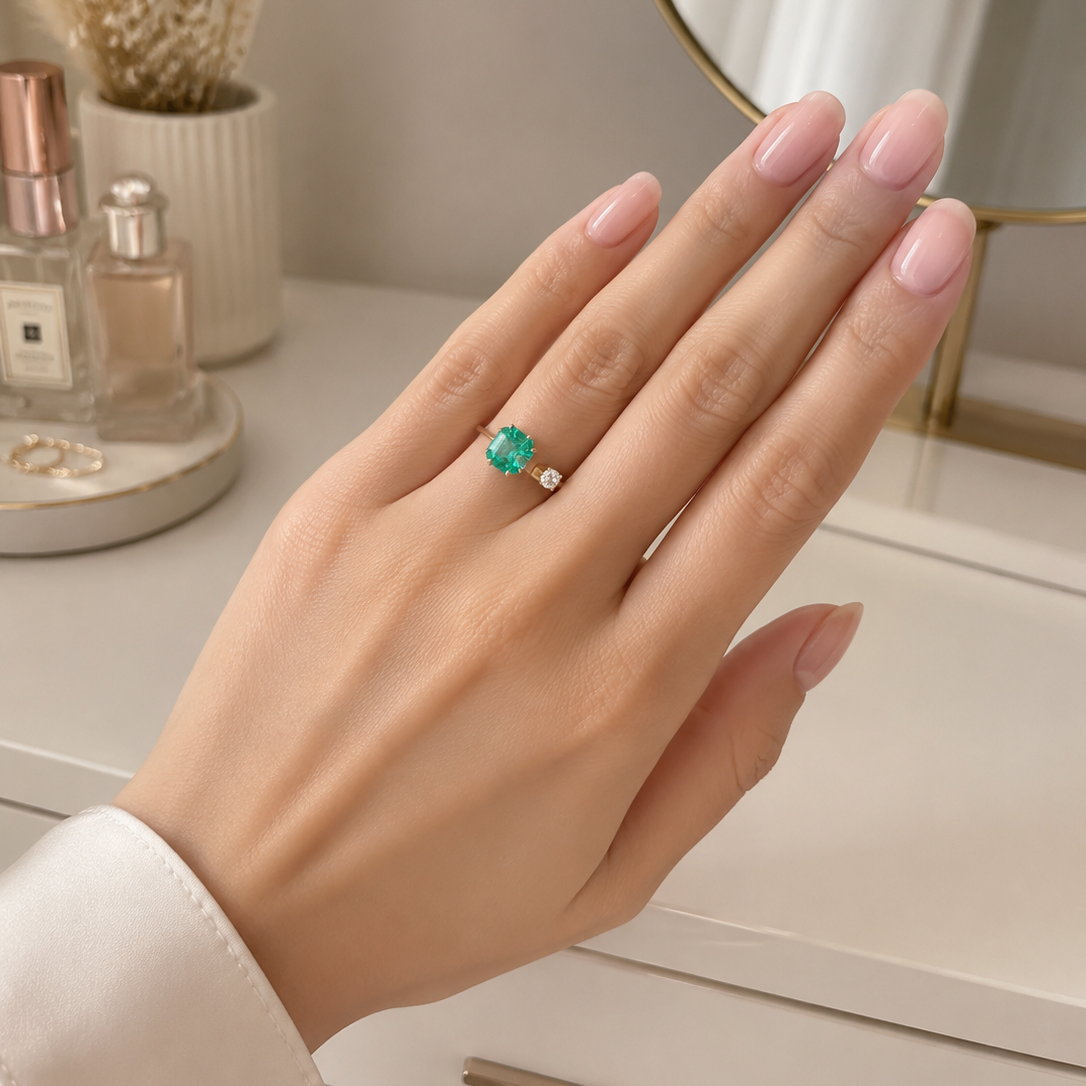 Yellow Gold Solitaire Ring with an Emerald and Diamond