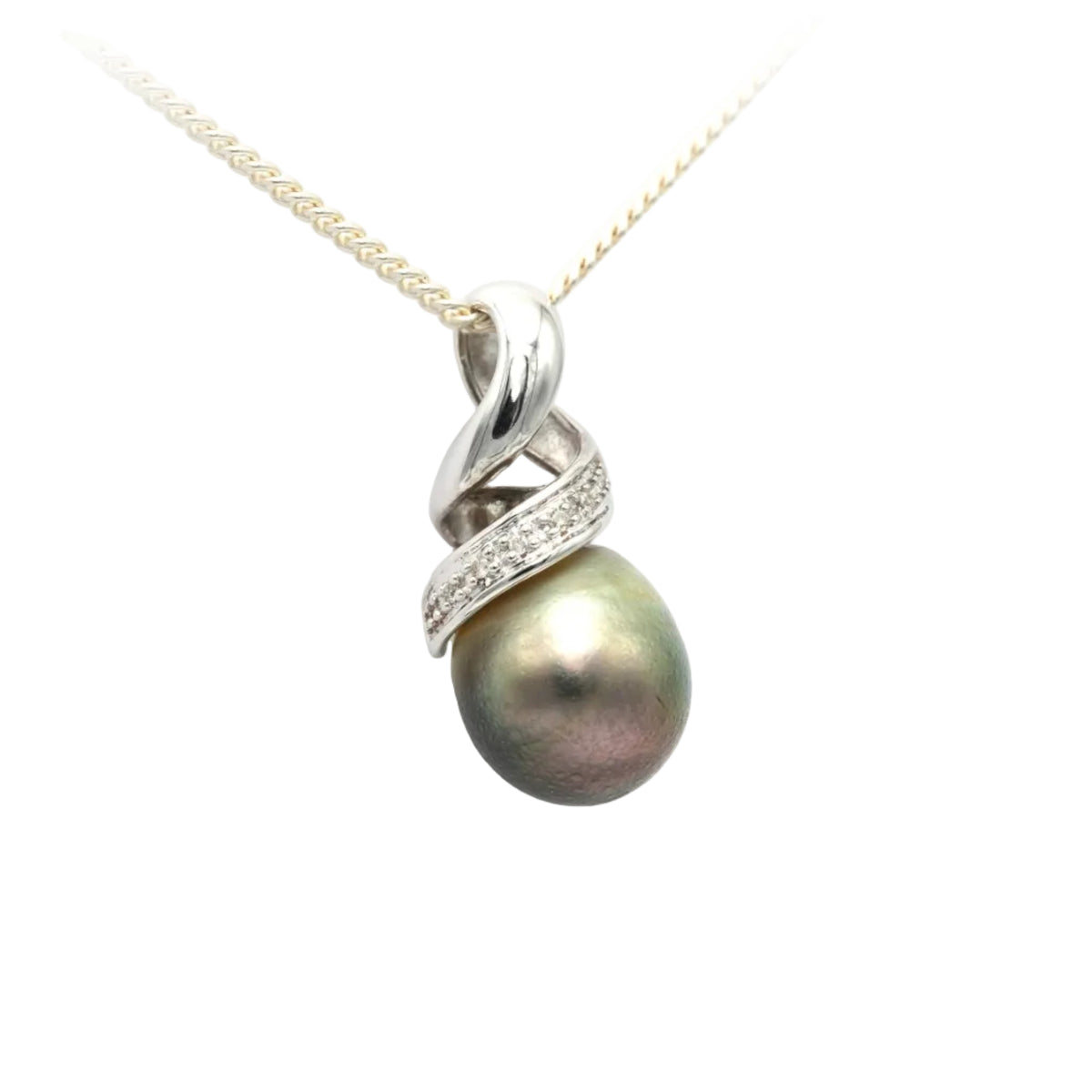 White gold, pearl, and diamond pendant