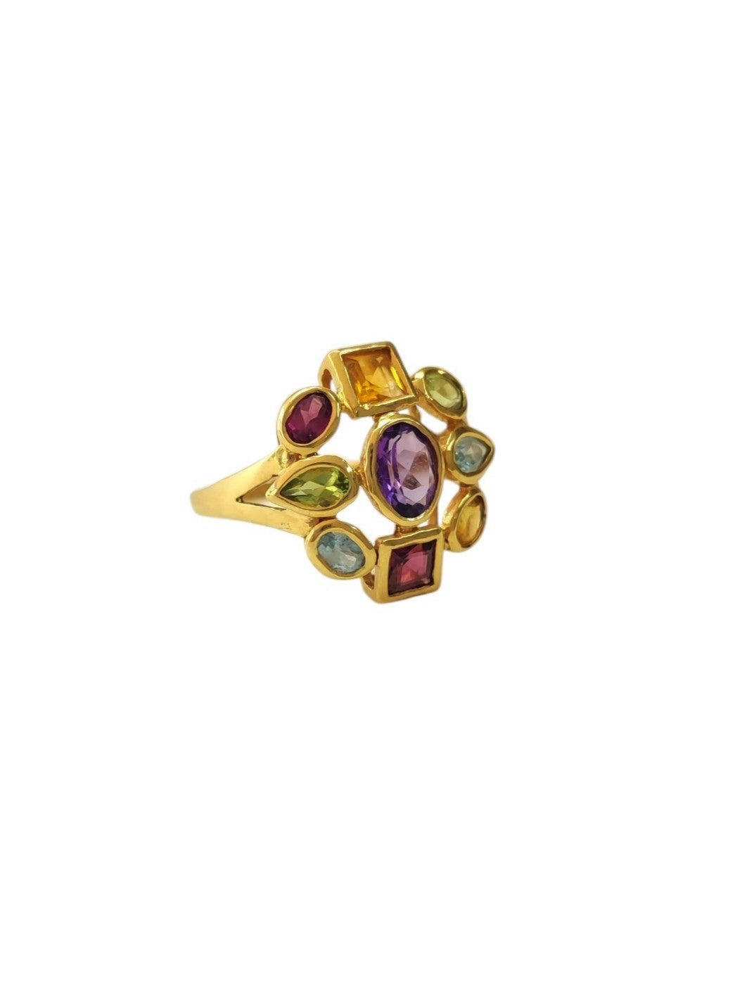 Cocktail Ring in yellow gold with Amethyst, Peridot, Aquamarine, Citrine, and Rhodolites
