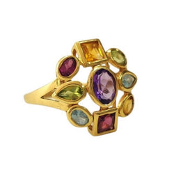 Cocktail Ring in yellow gold with Amethyst, Peridot, Aquamarine, Citrine, and Rhodolites