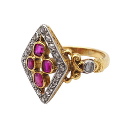 Marquise Ring in yellow gold, Platinum, Rubies, and Diamonds