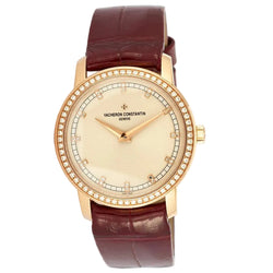 VACHERON CONSTANTIN "Patrimony" PM watch in rose gold, leather, and diamonds