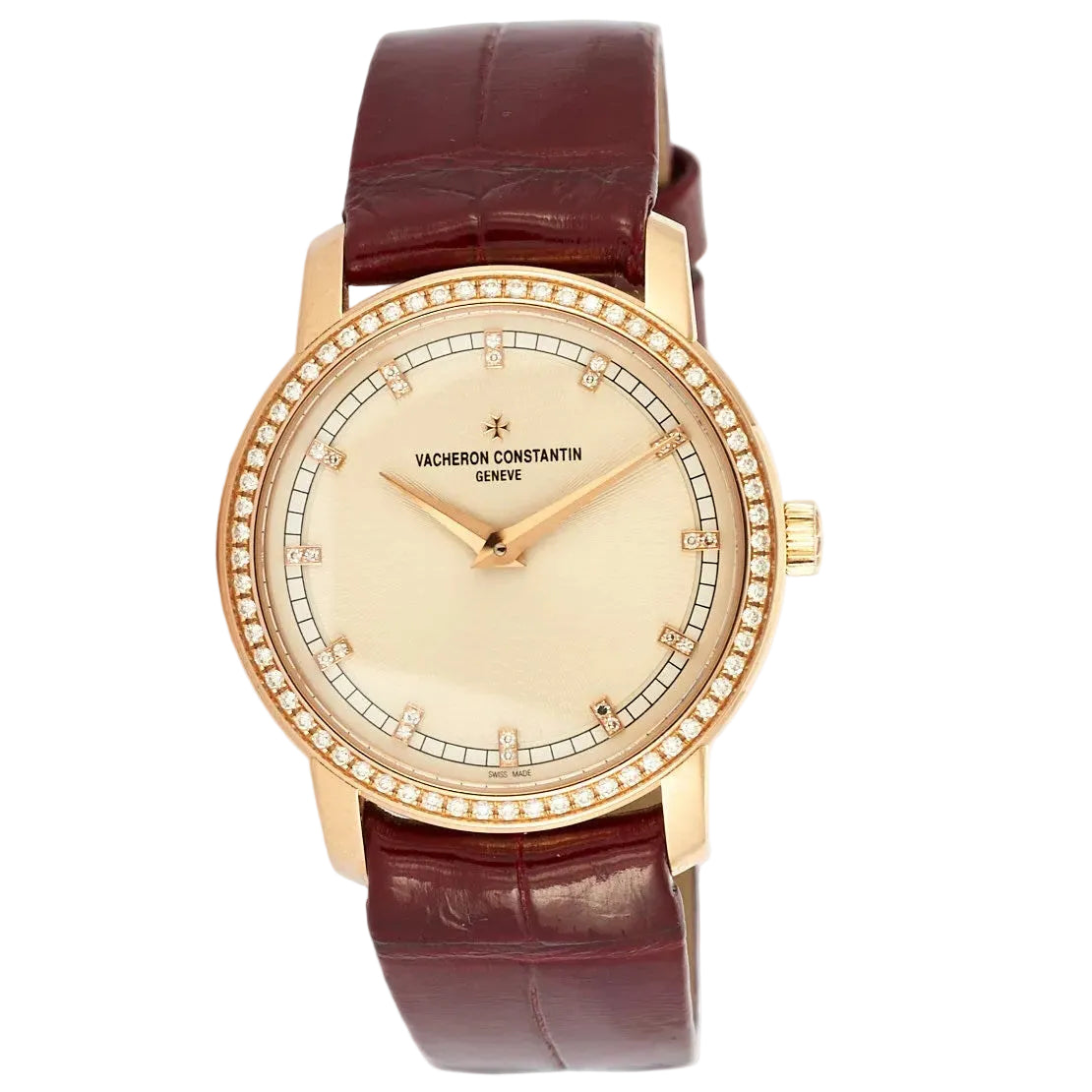 VACHERON CONSTANTIN "Patrimony" PM watch in rose gold, leather, and diamonds