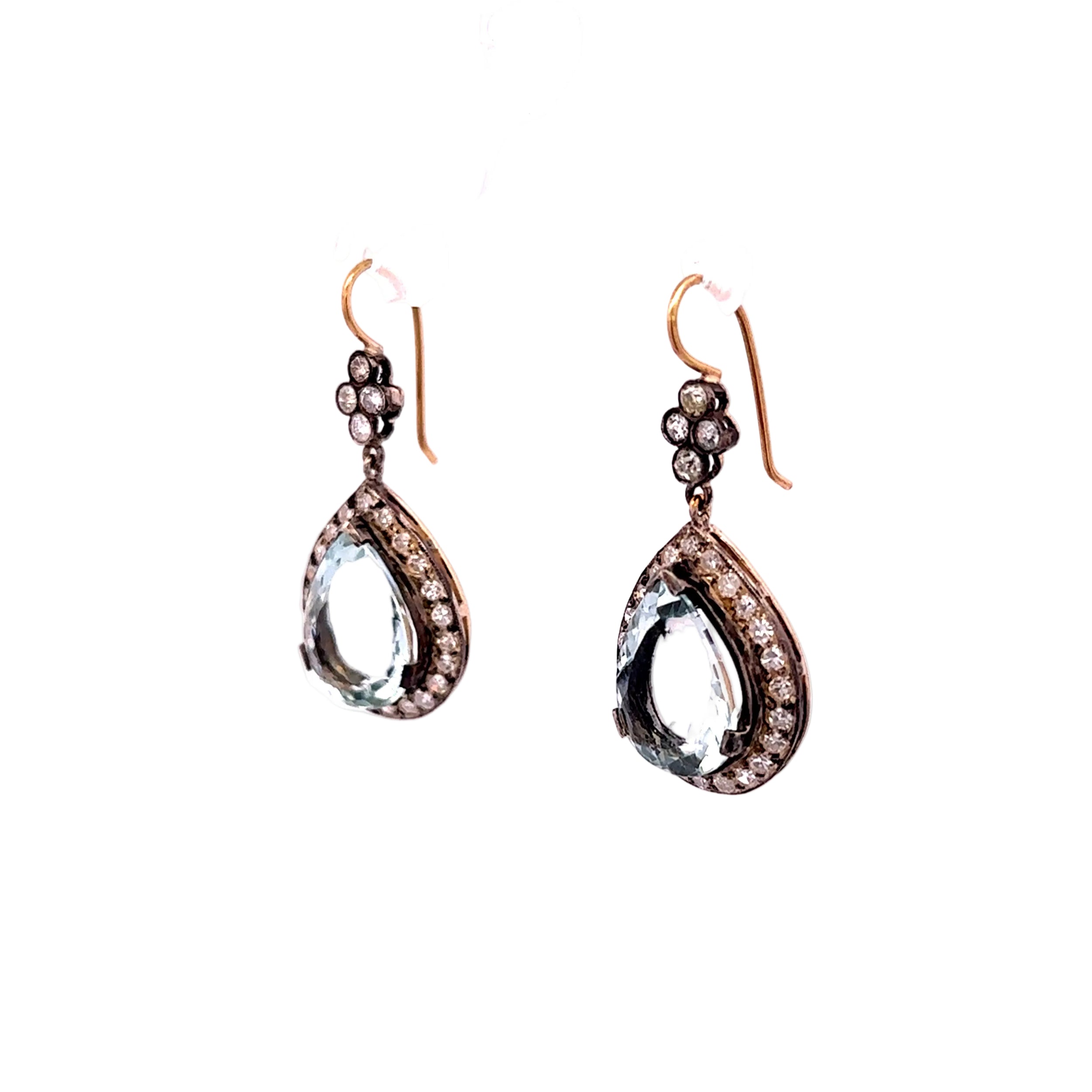 Drop Earrings in Yellow Gold, Silver, Aquamarines, and Diamonds