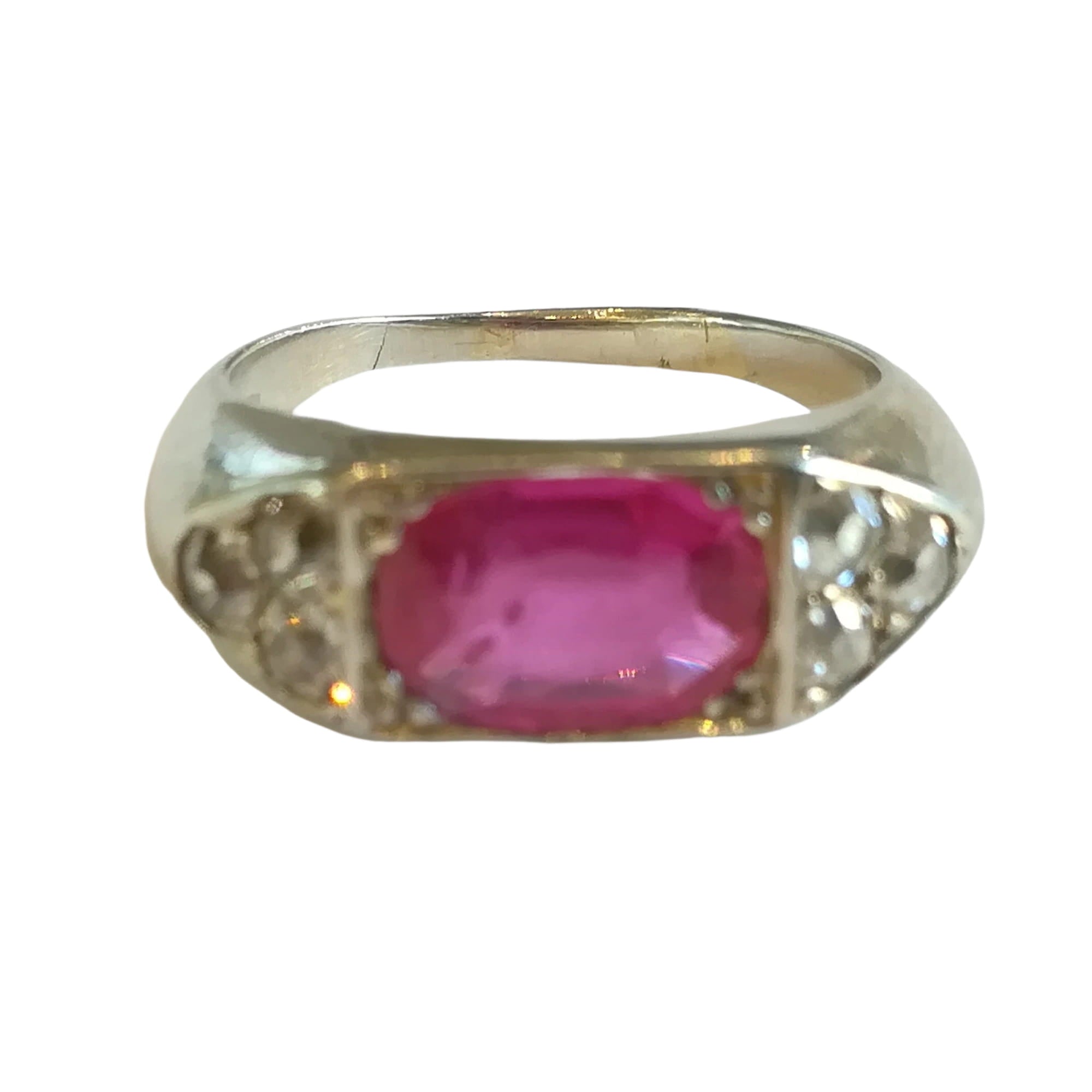 Art Deco white gold bangle ring with a red stone