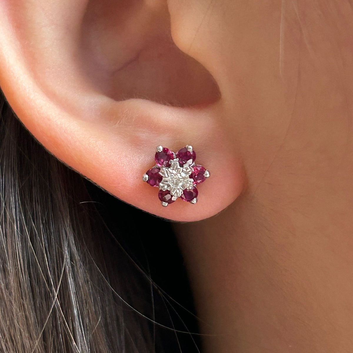Earrings in White Gold, Yellow Gold, Rubies, and Diamonds