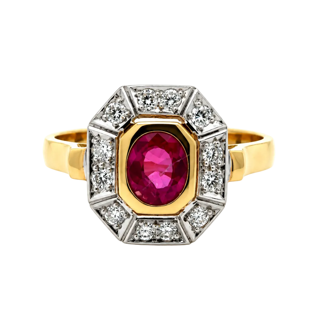 Cocktail Ring in Yellow Gold, Rubies, and Diamonds