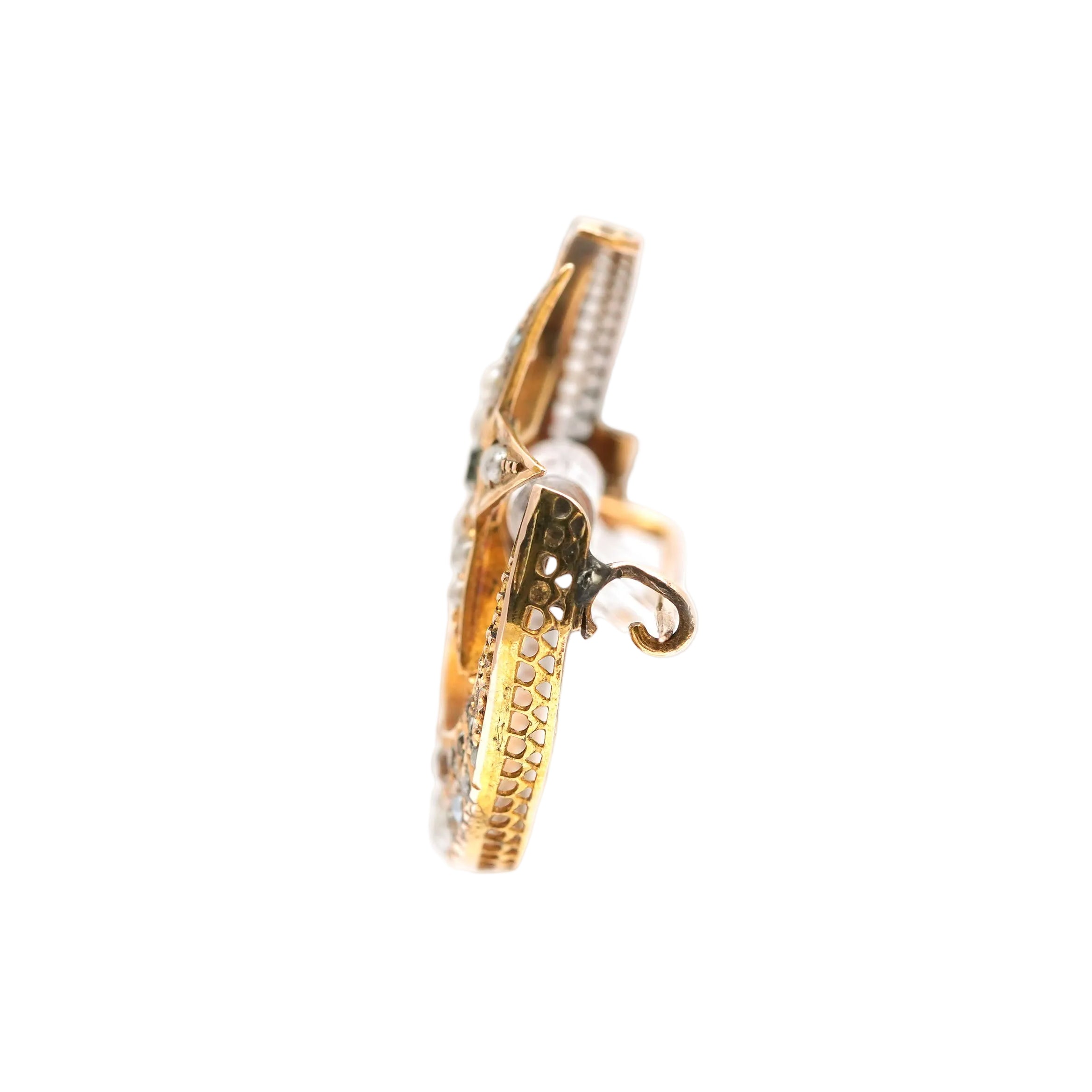 Yellow Gold Brooch with Pearls and Rhinestones