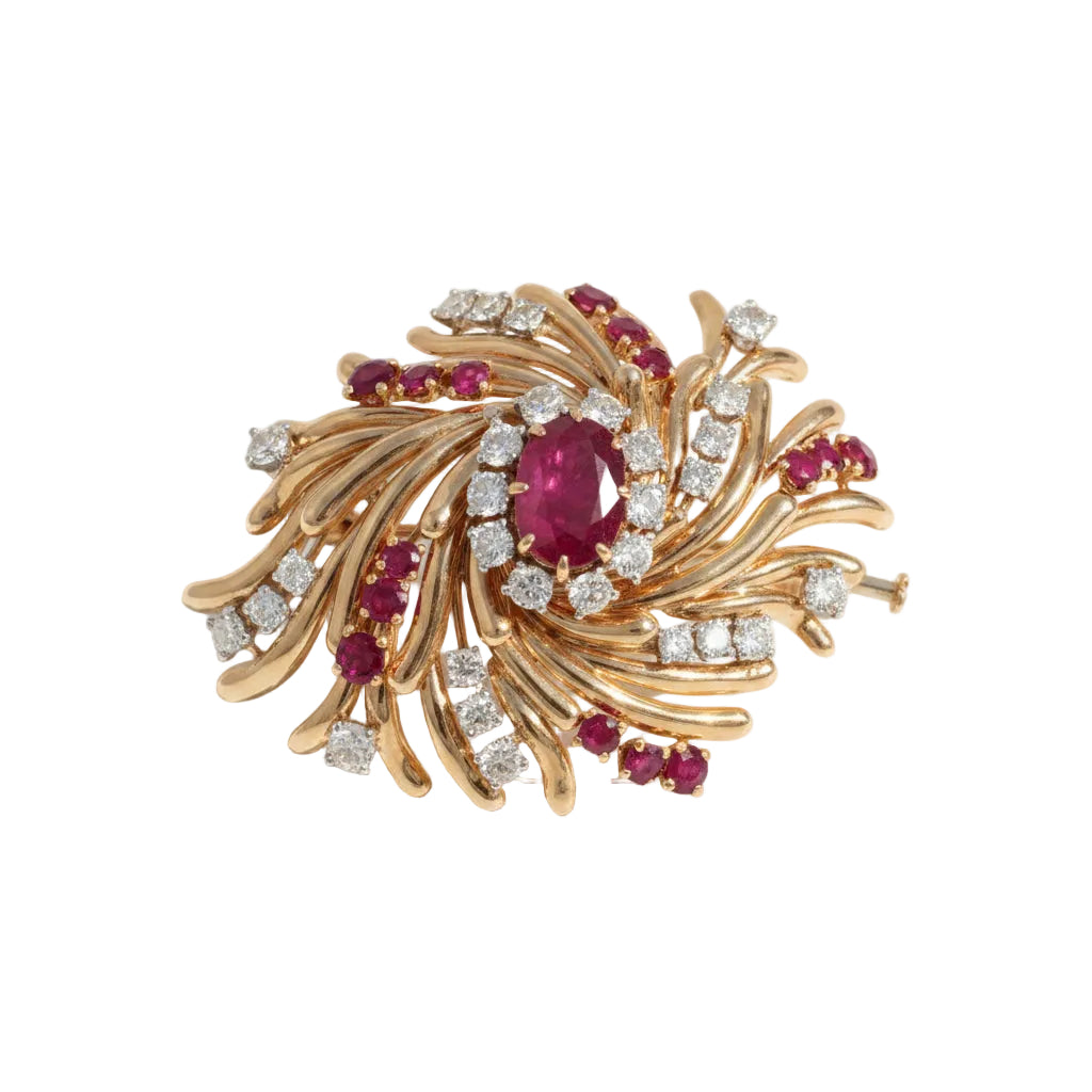 Rose Gold, Ruby, and Diamond Clip Brooch