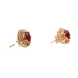 Yellow Gold Stud Earrings with Pearls and Rubies