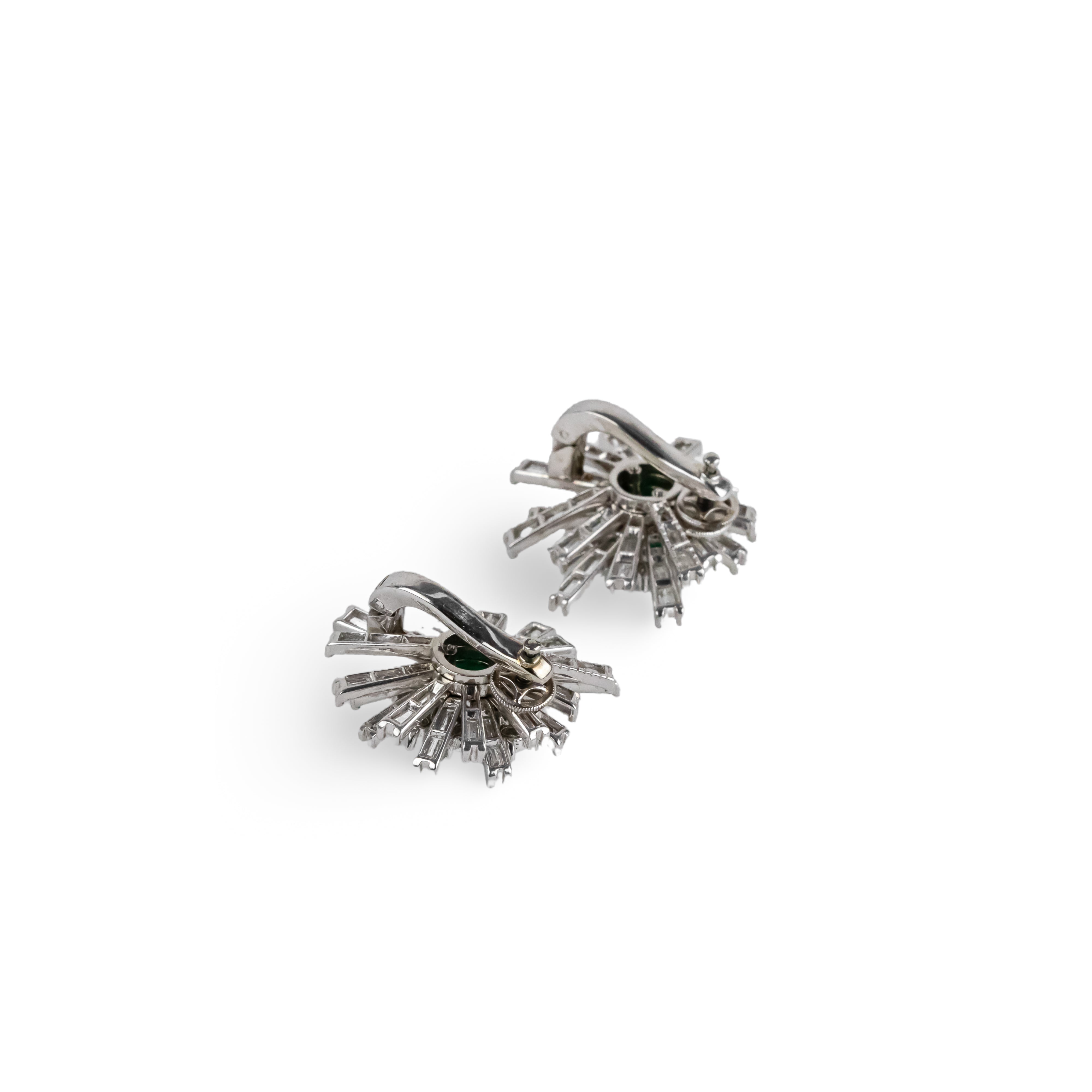 Clip-on earrings in white gold, platinum, Colombian emeralds, and diamonds